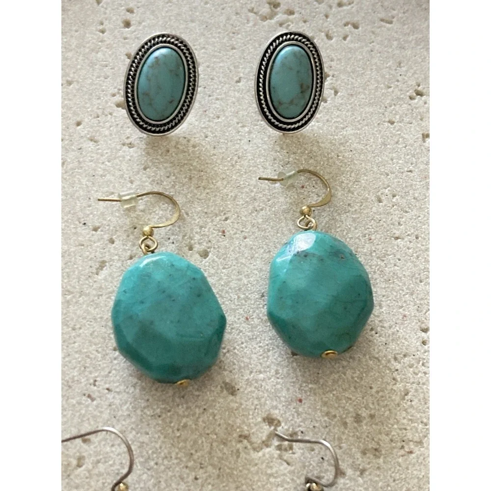 Teal‎ Blue Earrings Set Of 3 Pair Stud Drop Dangle Boho Southwestern Style Artsy
